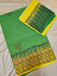 Pure Cotton with Hand Block Prints - Green with Yellow