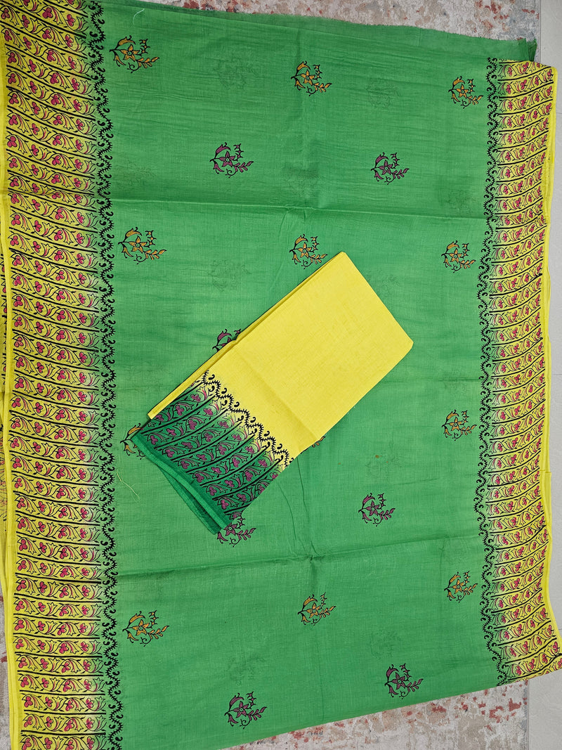 Pure Cotton with Hand Block Prints - Green with Yellow