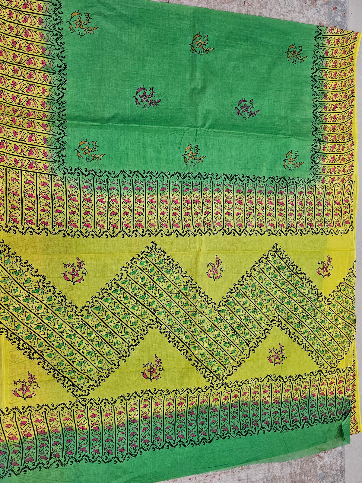 Pure Cotton with Hand Block Prints - Green with Yellow