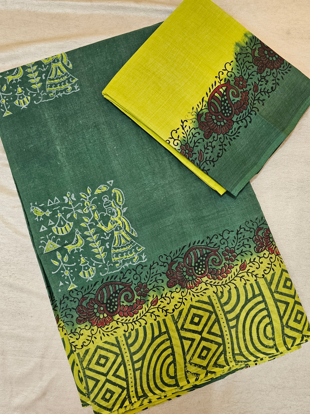 Pure Cotton with Hand Block Prints - Green with Lime Green