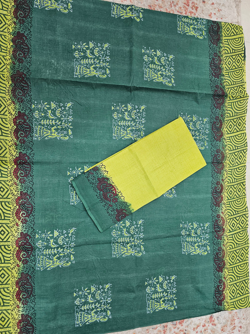 Pure Cotton with Hand Block Prints - Green with Lime Green
