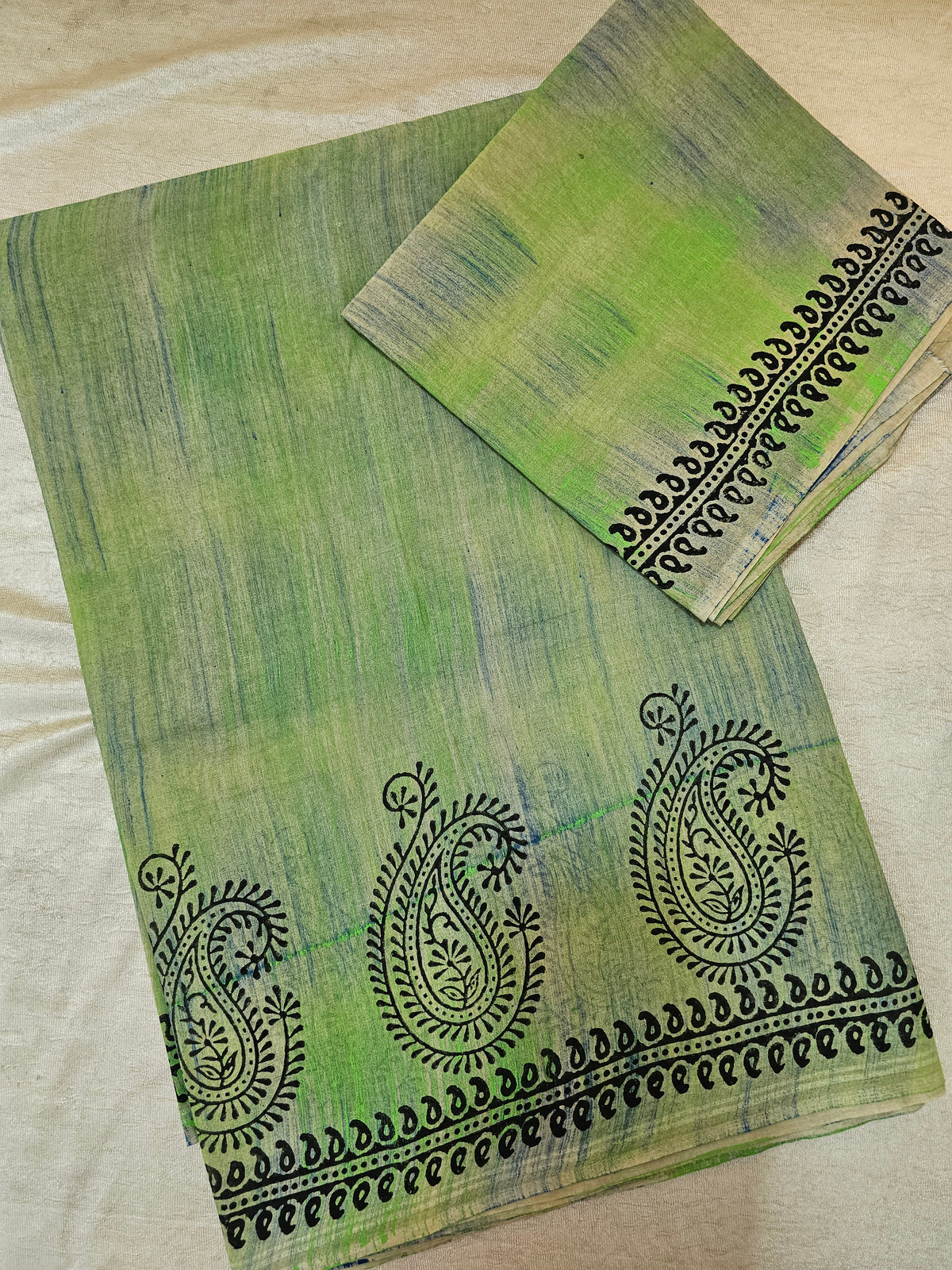 Pure Cotton with Hand Block Prints - Green with Black