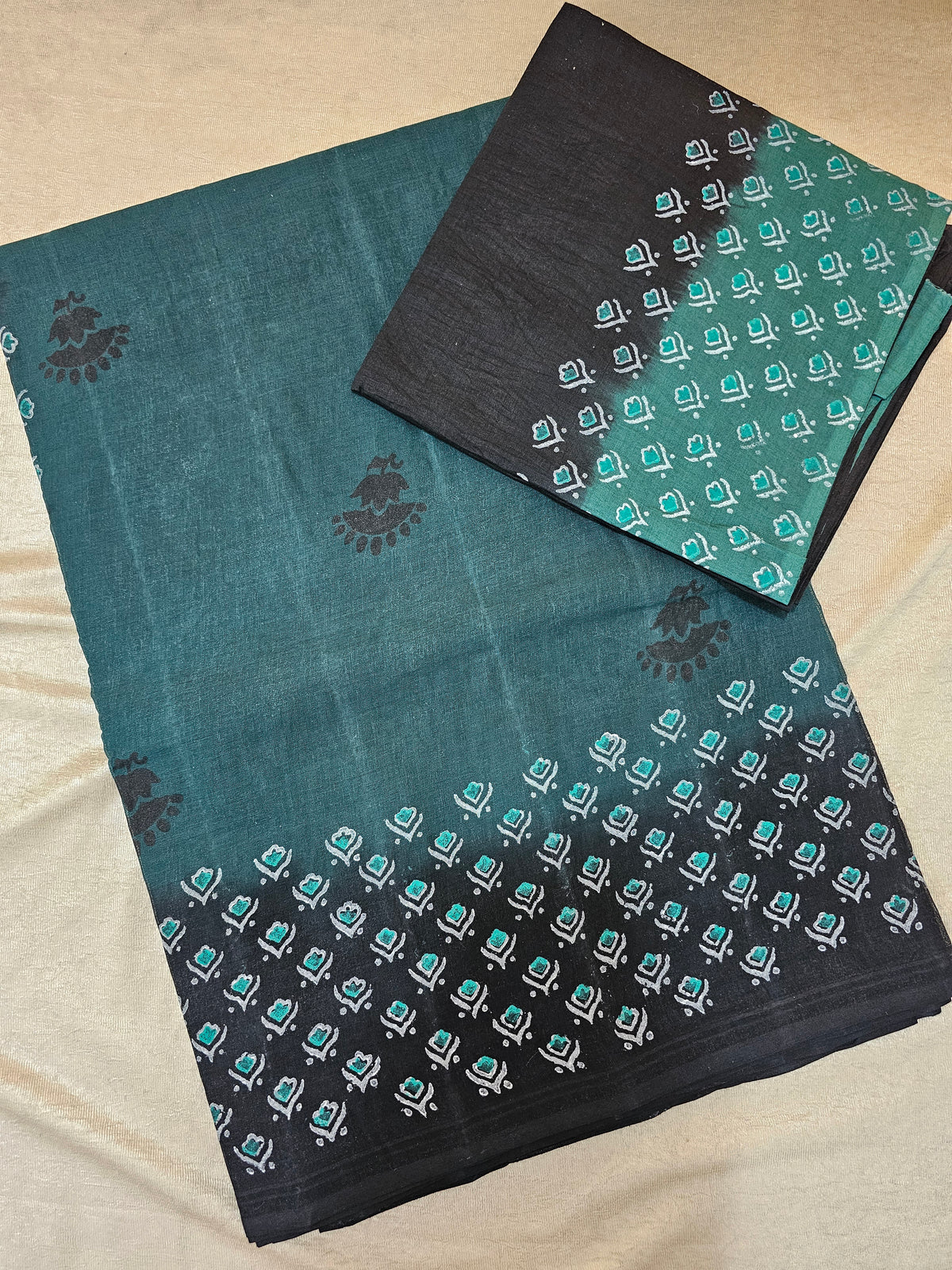 Pure Cotton with Hand Block Prints -Peacock Green with Black