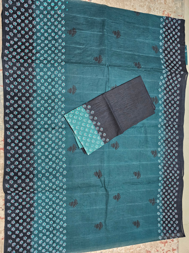 Pure Cotton with Hand Block Prints -Peacock Green with Black