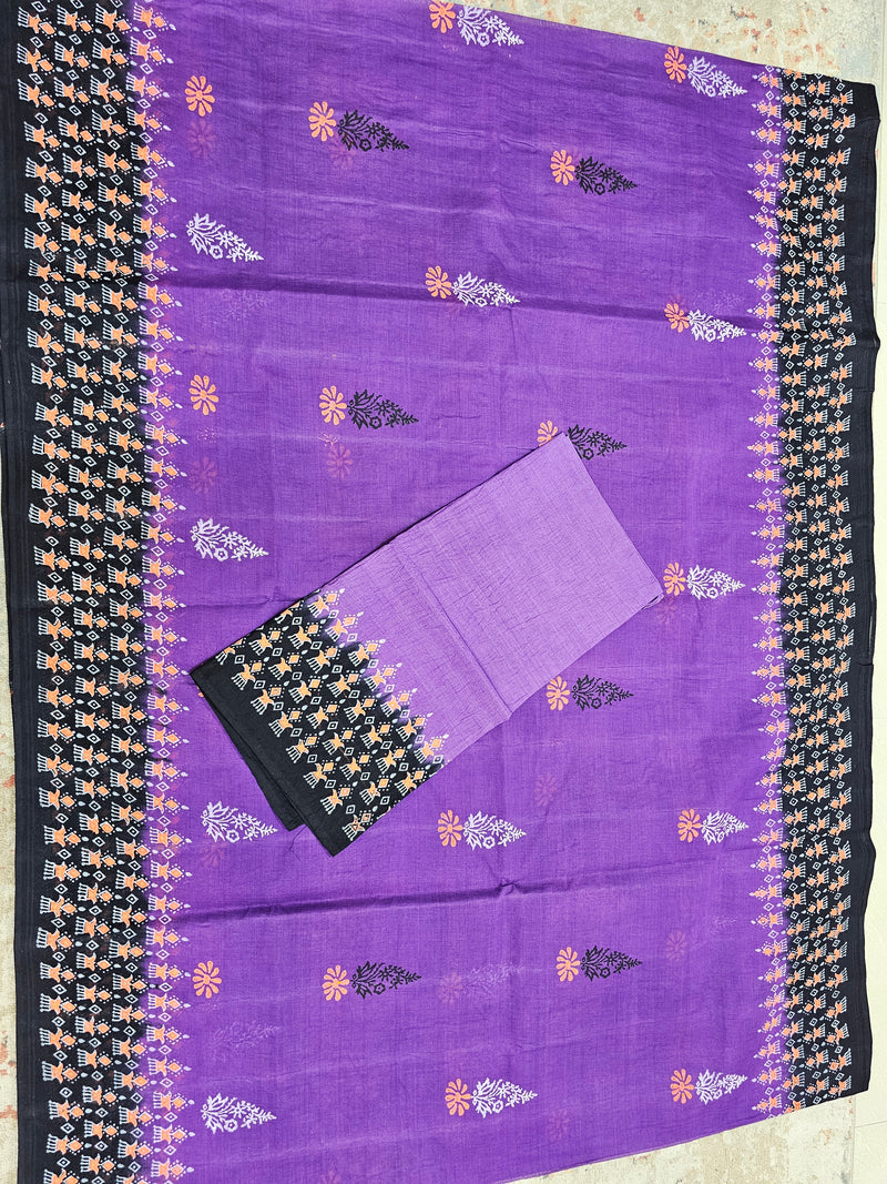 Pure Cotton with Hand Block Prints - Purple with Black