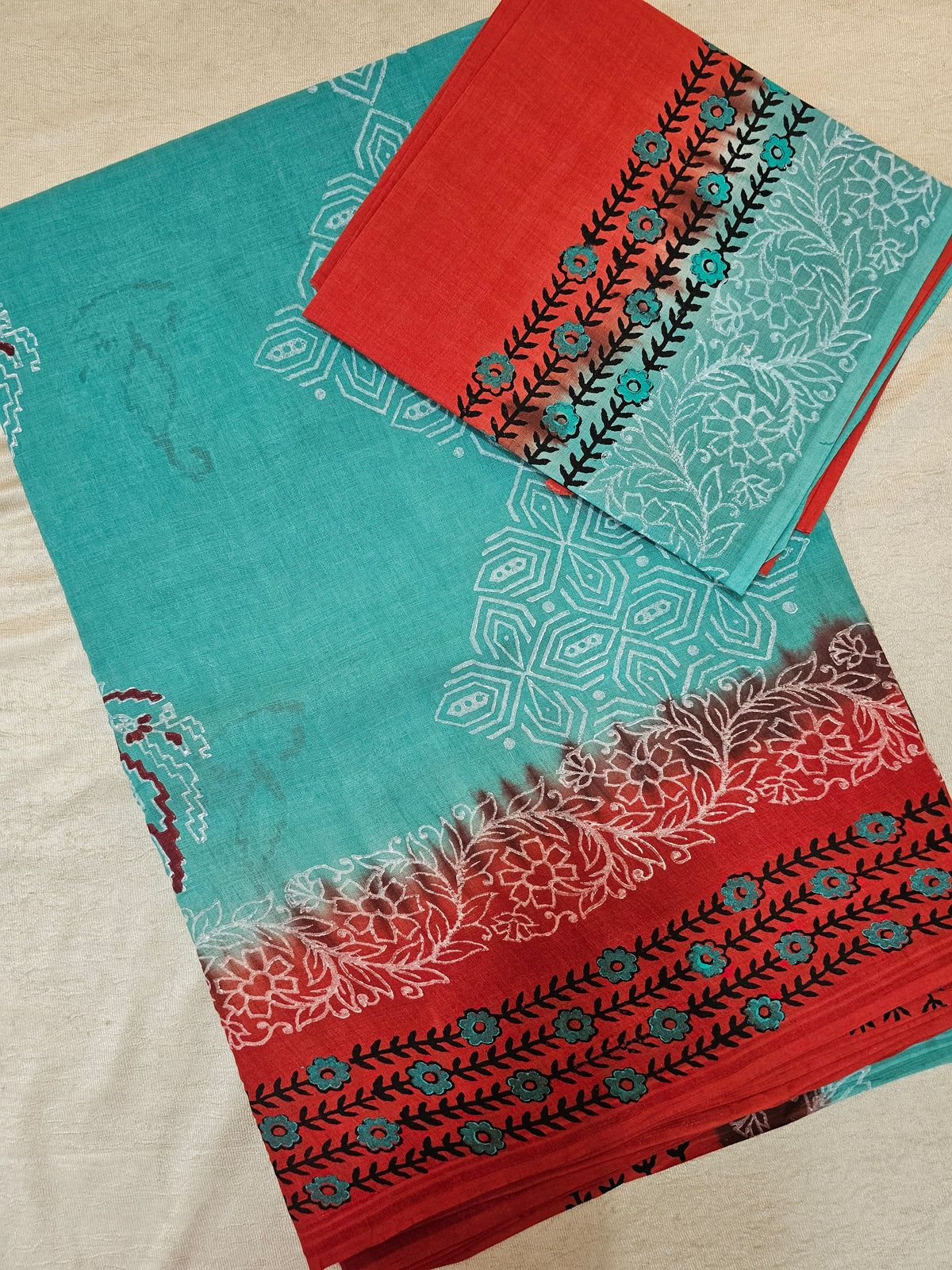 Pure Cotton with Hand Block Prints - Sea Green with Red