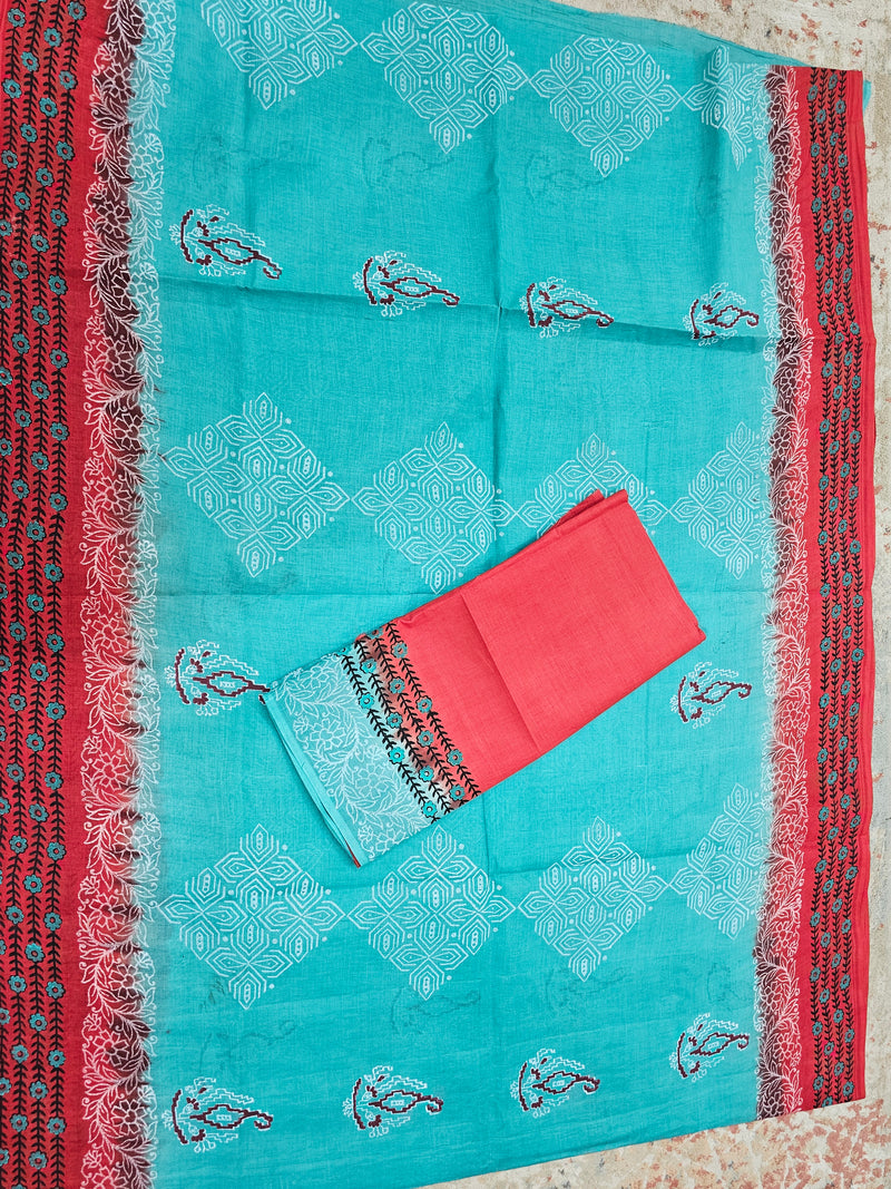 Pure Cotton with Hand Block Prints - Sea Green with Red
