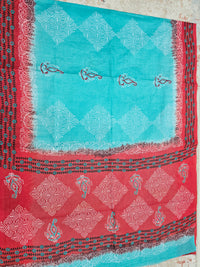 Pure Cotton with Hand Block Prints - Sea Green with Red