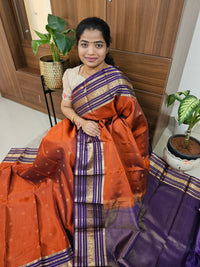 Valayal Border Kanjivaram Pattern Pure Handloom Soft Silk Saree - Rust Orange with Dark Violet