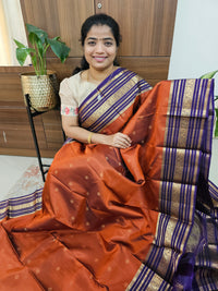Valayal Border Kanjivaram Pattern Pure Handloom Soft Silk Saree - Rust Orange with Dark Violet