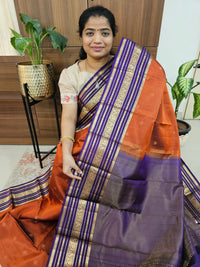 Valayal Border Kanjivaram Pattern Pure Handloom Soft Silk Saree - Rust Orange with Dark Violet