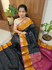 Classical Kanjivaram Pattern Pure Handloom Soft Silk Saree - Black with Maroon