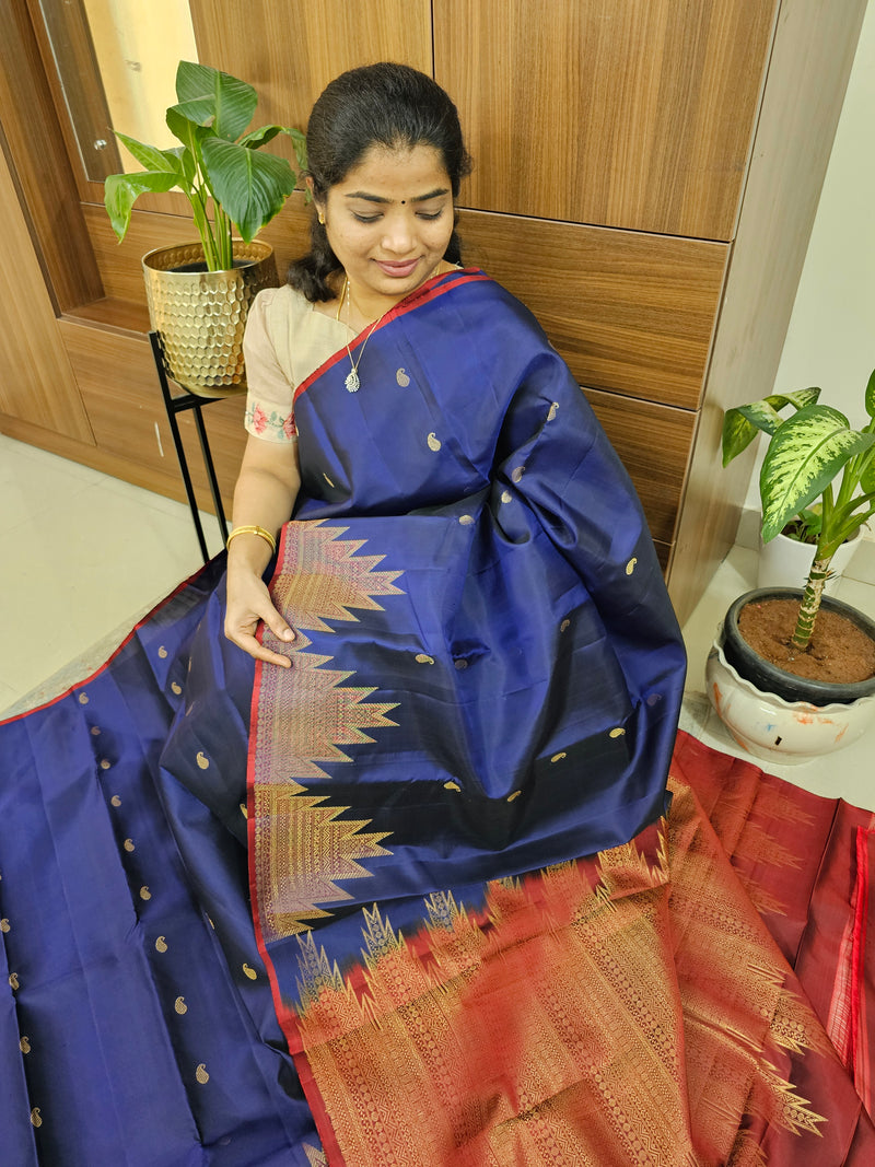 Temple Border Kanjivaram Pattern Pure Handloom Soft Silk Saree - Dark Blue with Maroon