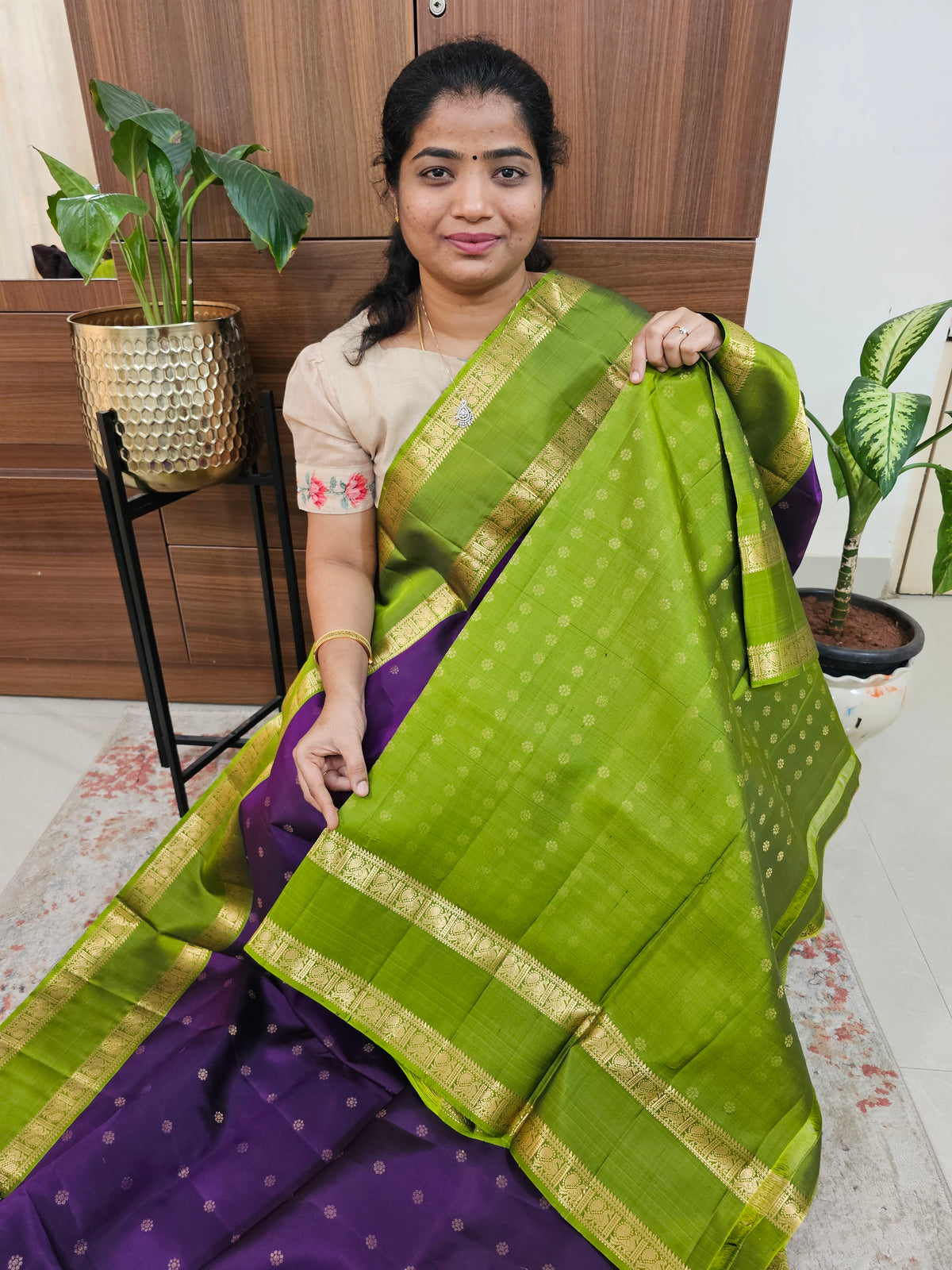 Classical Kanjivaram Pattern Pure Handloom Soft Silk Saree - Purple with Green