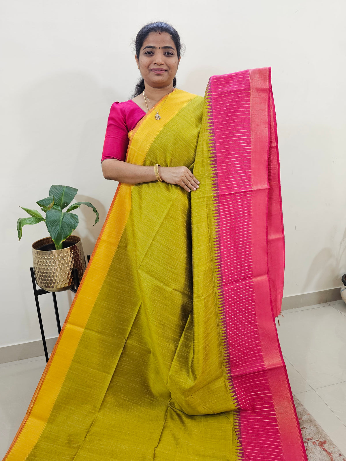 Korai Weaving Semi Raw Silk Saree - Mustard Yellow with Pink