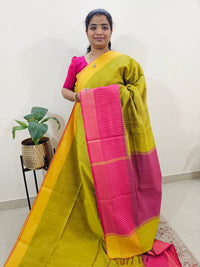 Korai Weaving Semi Raw Silk Saree - Mustard Yellow with Pink