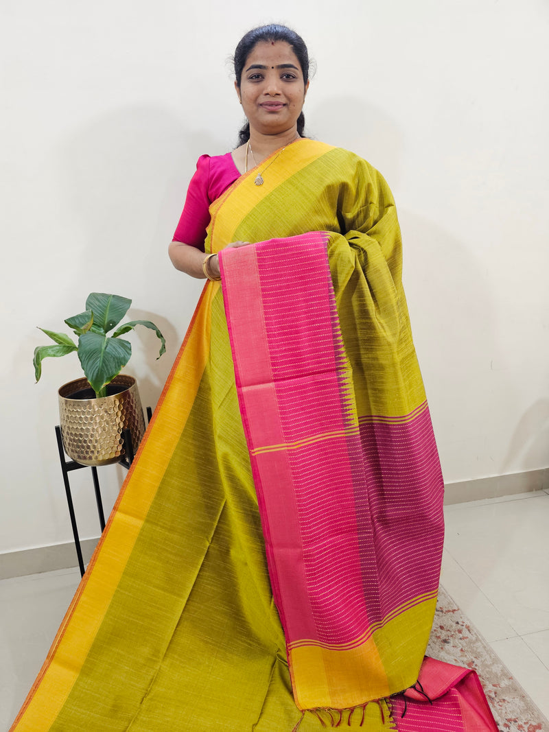 Korai Weaving Semi Raw Silk Saree - Mustard Yellow with Pink