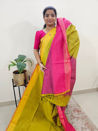 Korai Weaving Semi Raw Silk Saree - Mustard Yellow with Pink