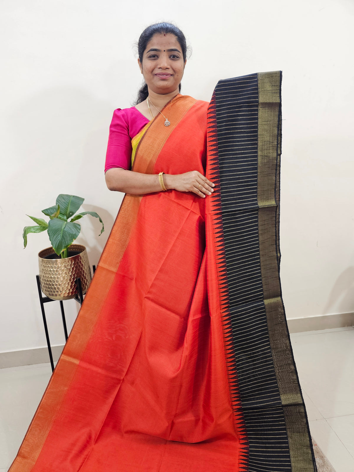 Korvai Weaving Semi Raw Silk Saree - Orange with Black