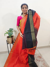 Korvai Weaving Semi Raw Silk Saree - Orange with Black