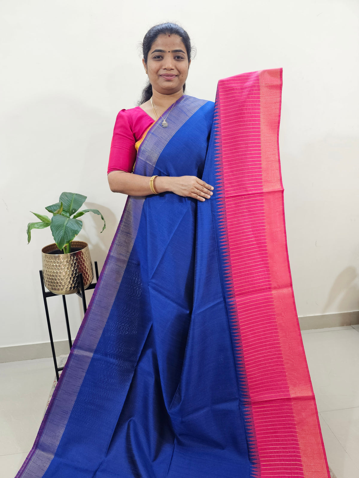 Korvai Weaving Semi Raw Silk Saree - Blue with Pink