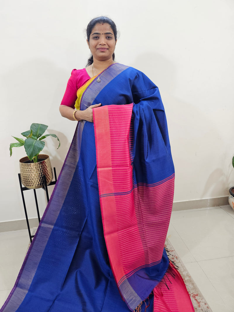 Korvai Weaving Semi Raw Silk Saree - Blue with Pink