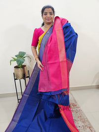 Korvai Weaving Semi Raw Silk Saree - Blue with Pink
