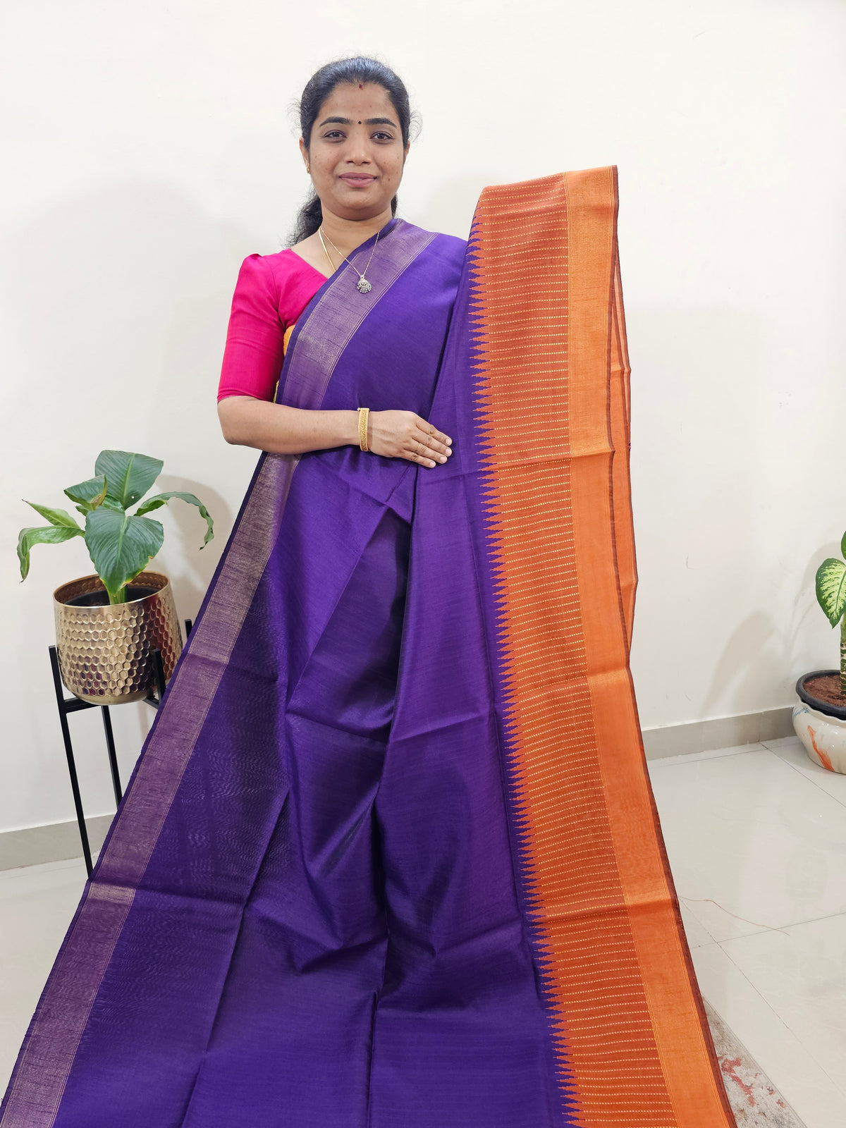 Korvai Weaving Semi Raw Silk Saree - Purple with Orange