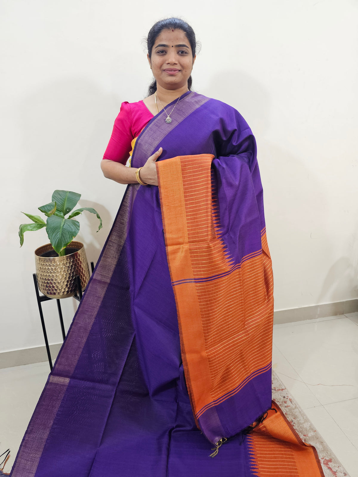 Korvai Weaving Semi Raw Silk Saree - Purple with Orange