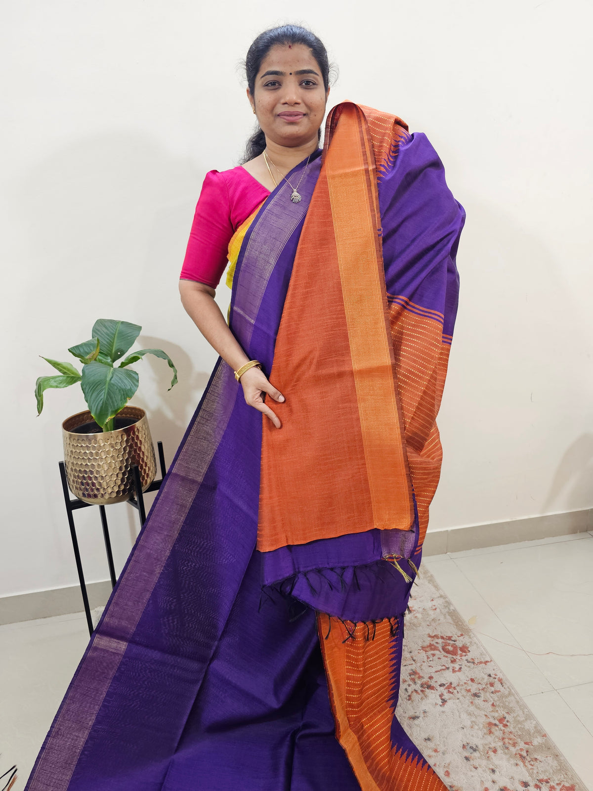Korvai Weaving Semi Raw Silk Saree - Purple with Orange