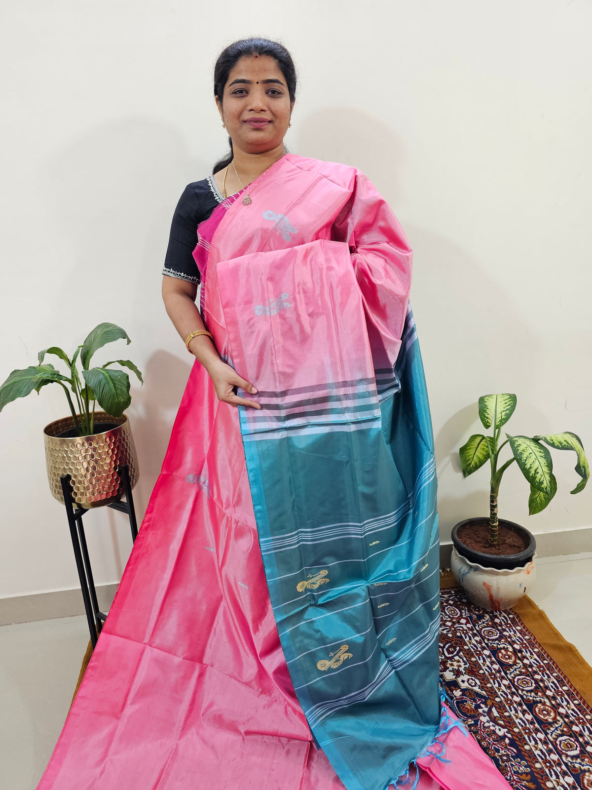 Chinnalampattu Saree with Blouse -  Pink with Dark Sea Blue