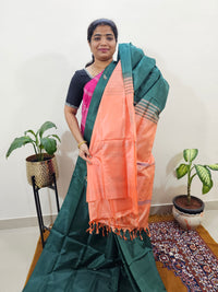 Chinnalampattu Saree with Blouse -  Bottle Green with Peach