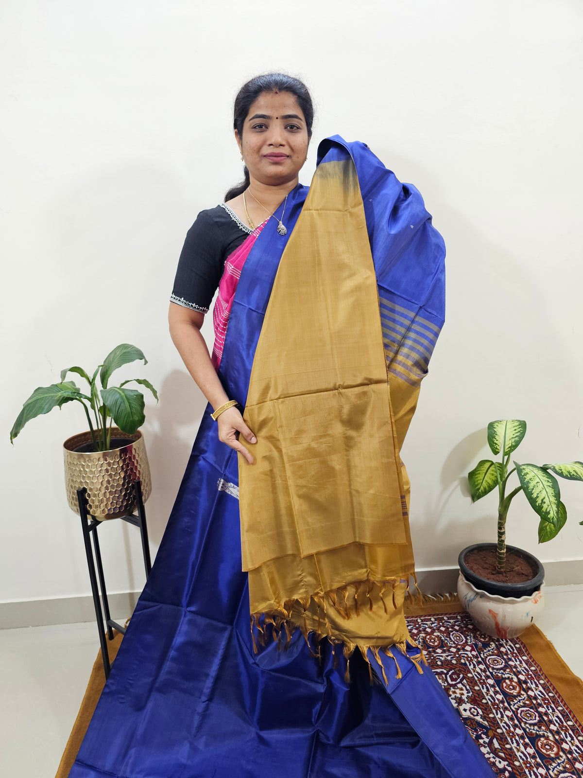 Chinnalampattu Saree with Blouse -  Dark Blue with Brown