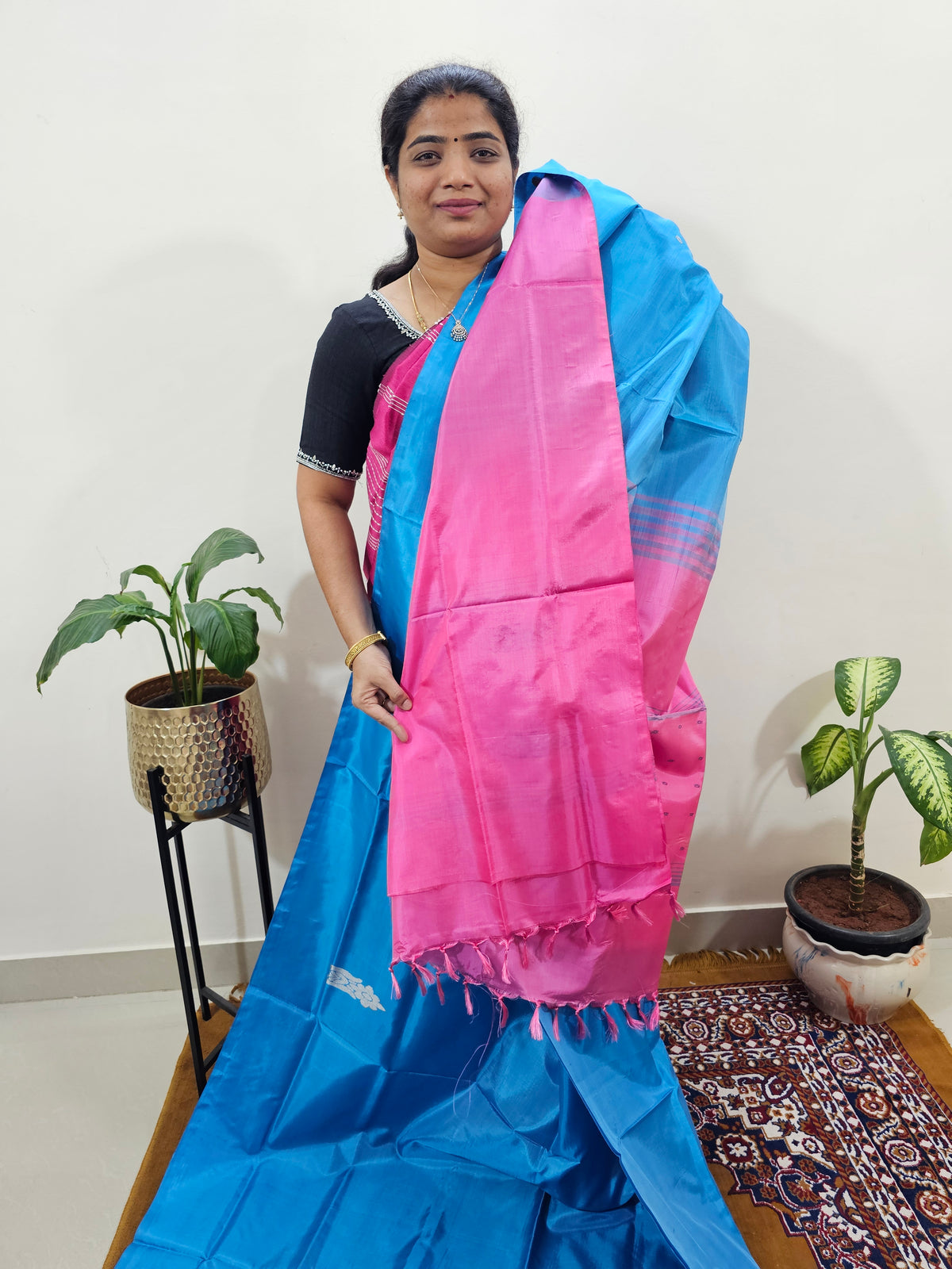 Chinnalampattu Saree with Blouse - Blue with Pink