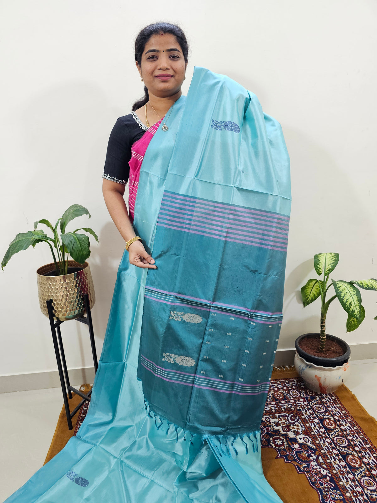 Chinnalampattu Saree with Blouse - Sea Green with Dark Sea Green