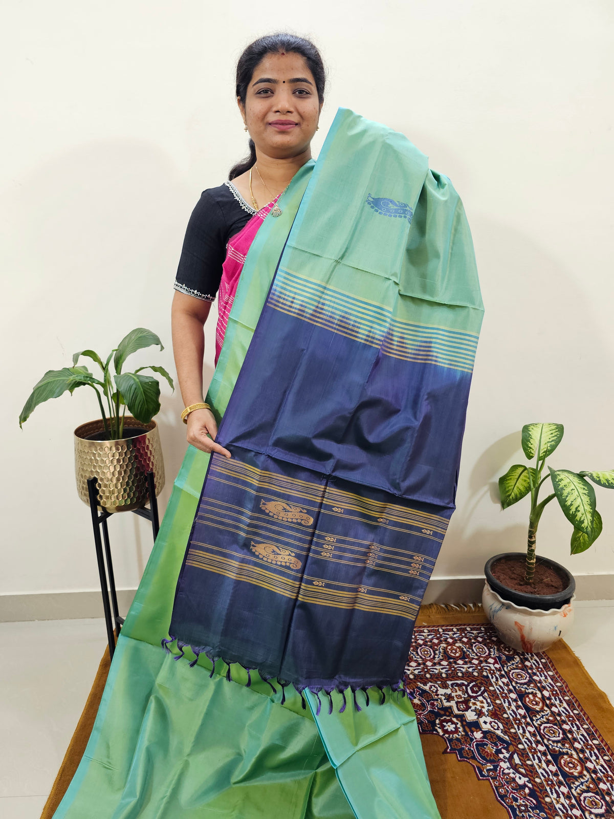 Chinnalampattu Saree with Blouse - Pastel Green with Blue