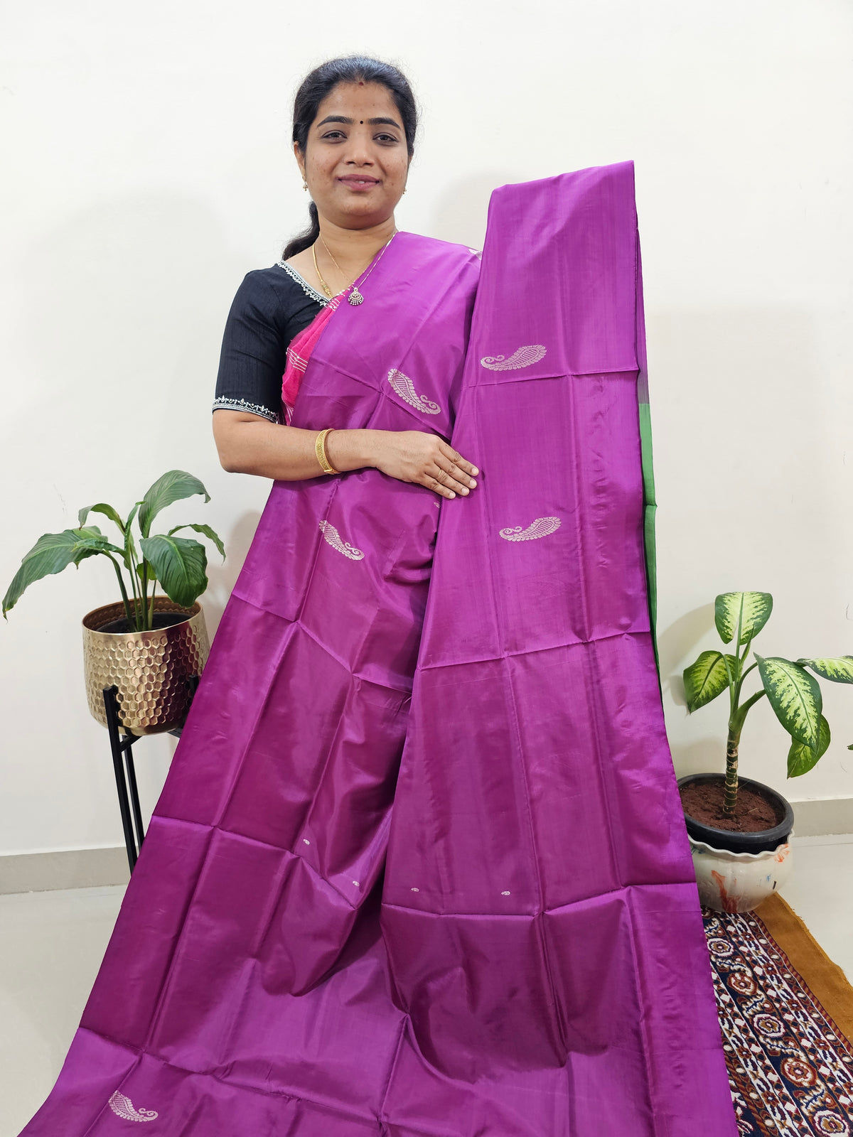 Chinnalampattu Saree with Blouse - Magenta Pink with Green