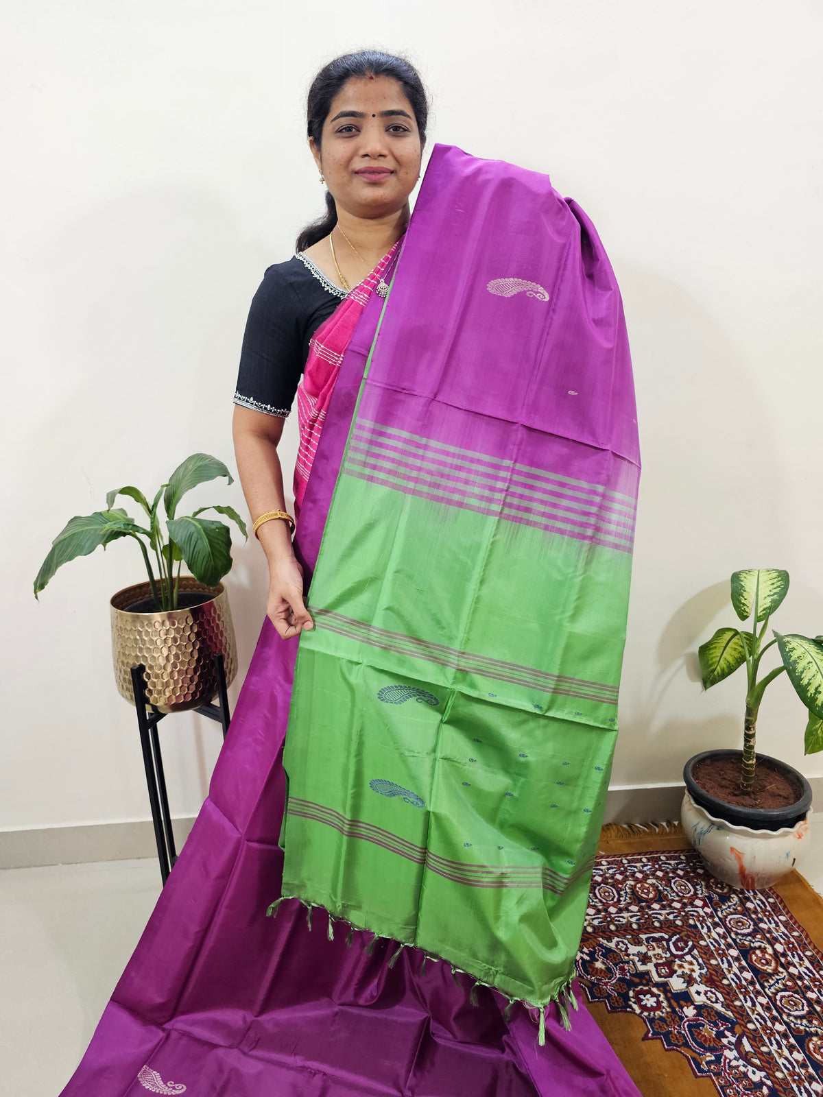 Chinnalampattu Saree with Blouse - Magenta Pink with Green