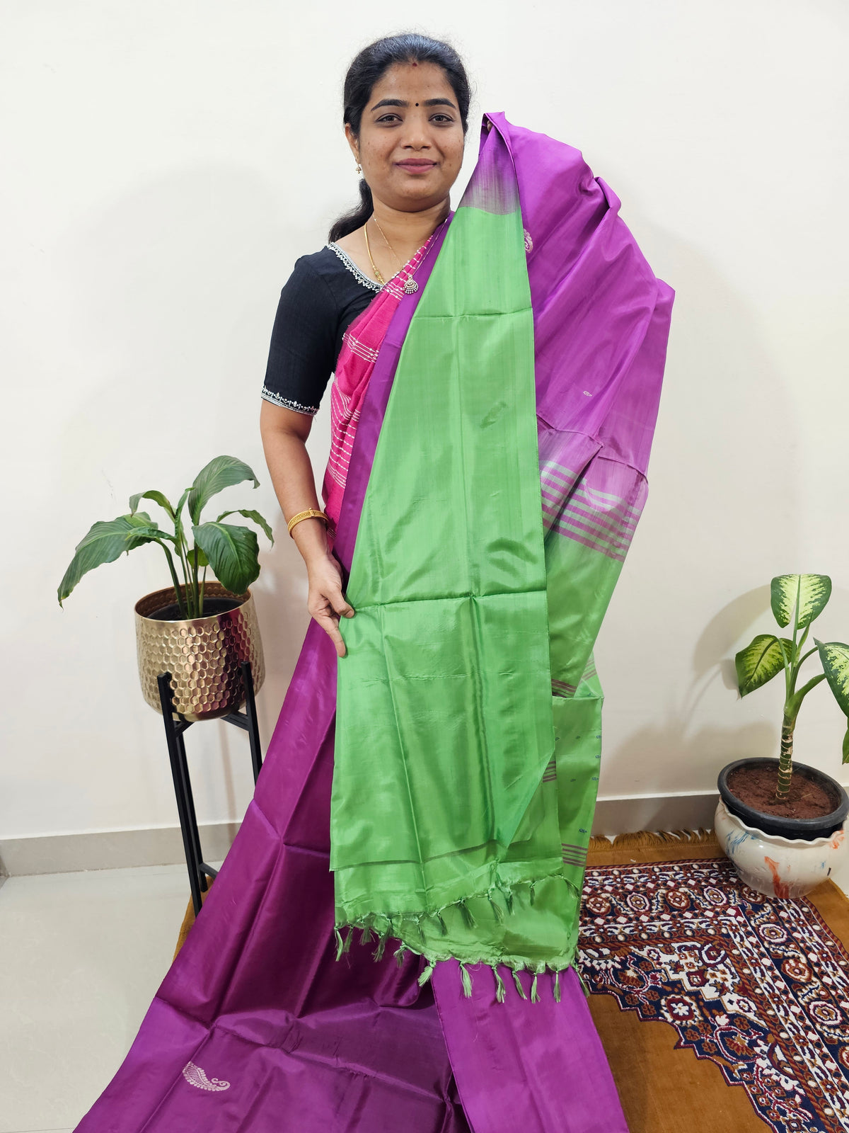Chinnalampattu Saree with Blouse - Magenta Pink with Green