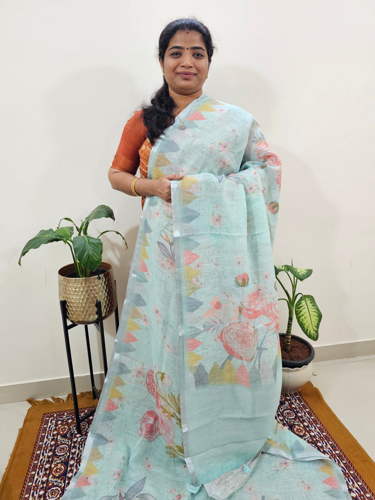 Linen Kota with Digital Printed Sarees - Blue