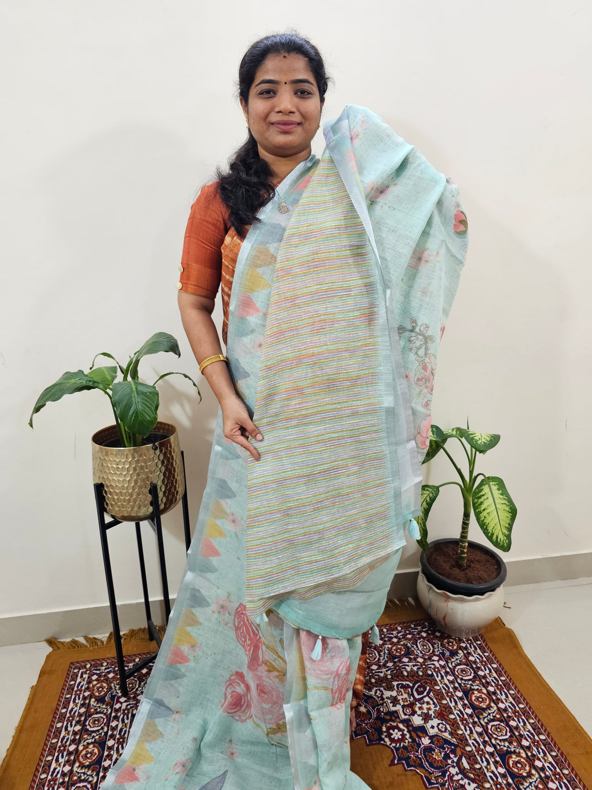 Linen Kota with Digital Printed Sarees - Blue