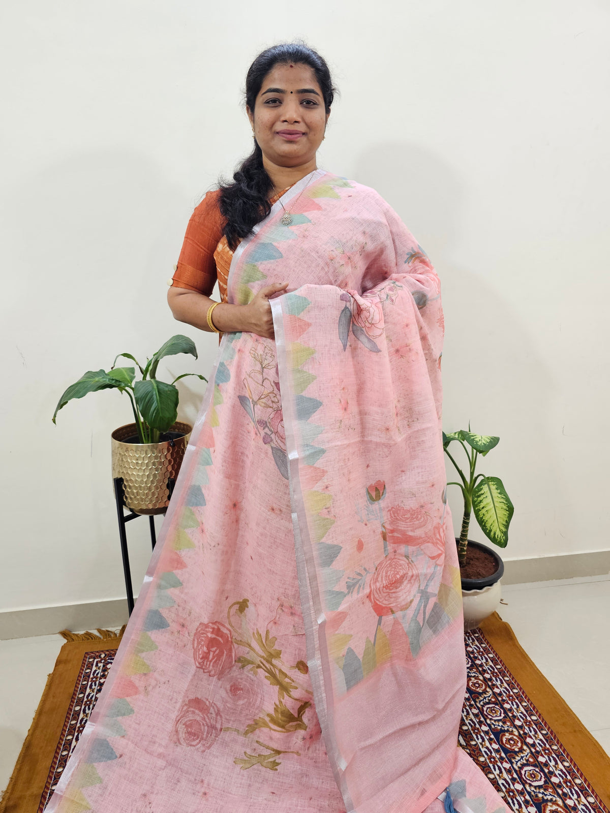Linen Kota with Digital Printed Sarees - Peach