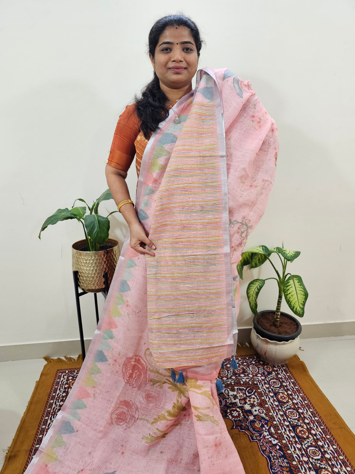 Linen Kota with Digital Printed Sarees - Peach