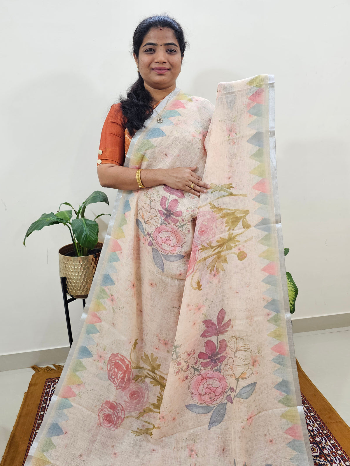 Linen Kota with Digital Printed Sarees - Sandal