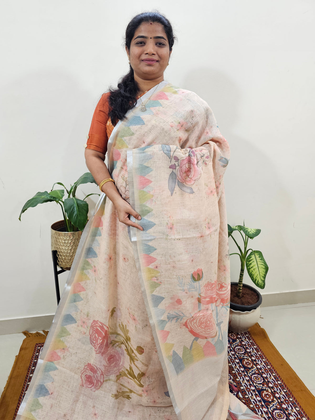 Linen Kota with Digital Printed Sarees - Sandal