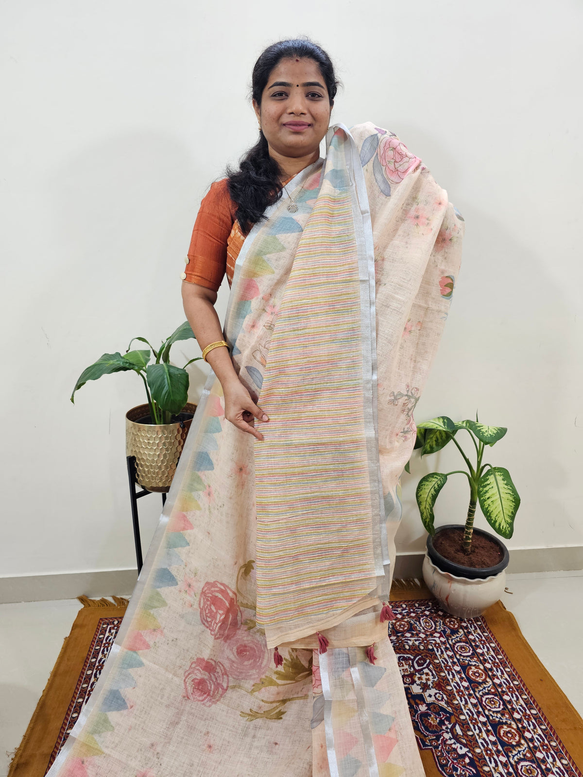 Linen Kota with Digital Printed Sarees - Sandal