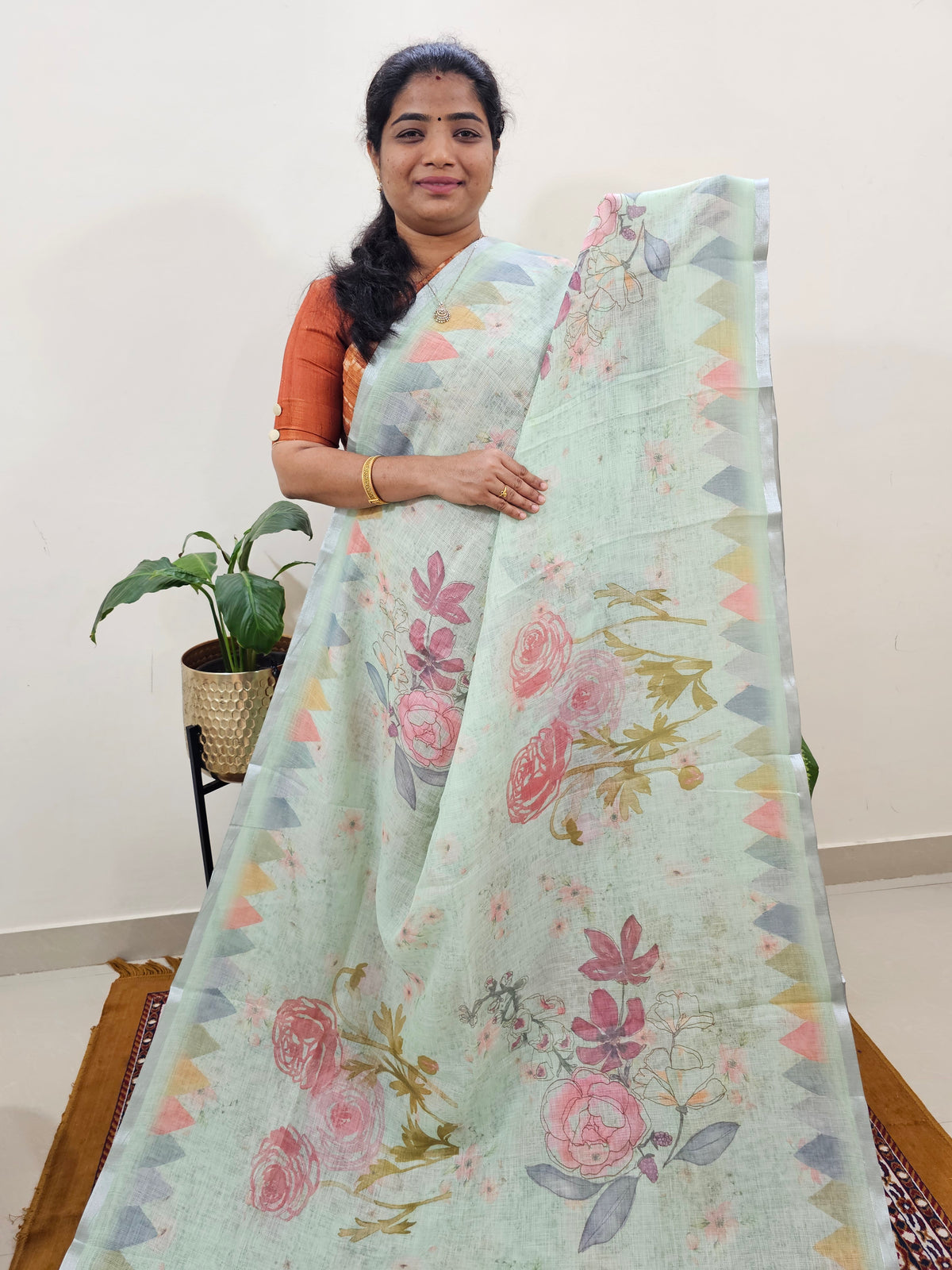 Linen Kota with Digital Printed Sarees - Green