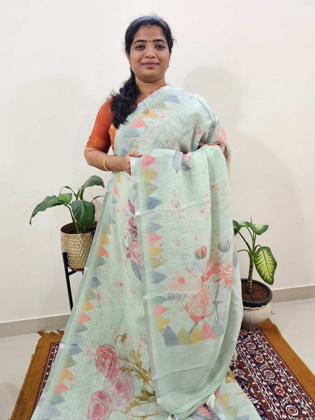 Linen Kota with Digital Printed Sarees - Green