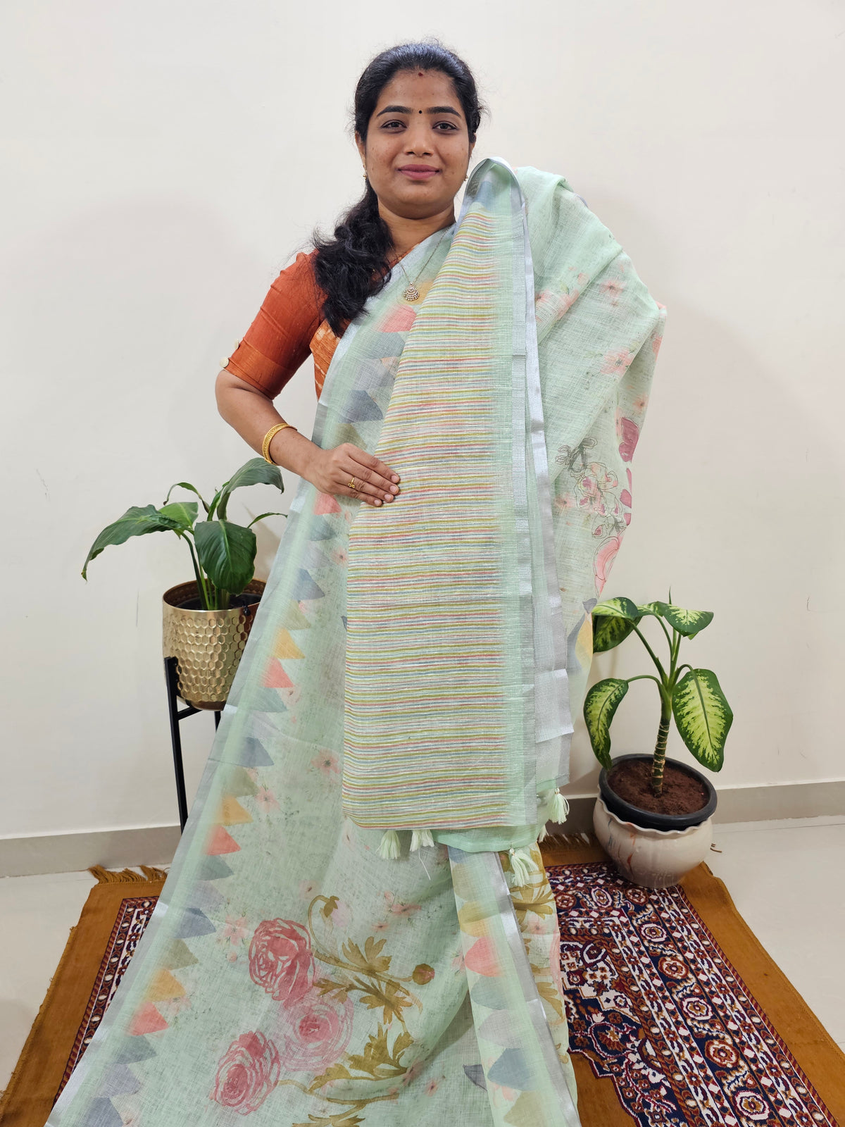 Linen Kota with Digital Printed Sarees - Green