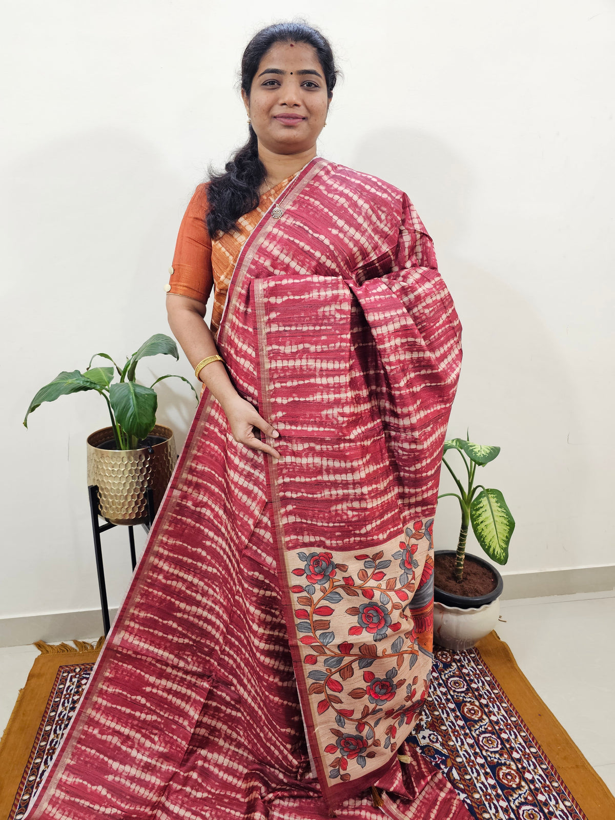 Semi Matka Tussar with Kalamkari - Maroon